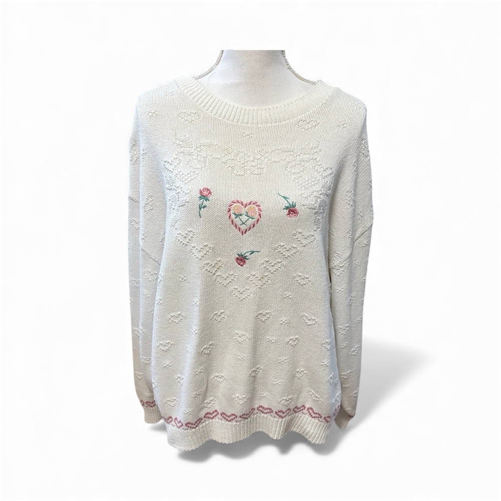 Vintage White Sweater Hearts Roses XL Valentine's Cottagecore‎ Soft Girl EUC